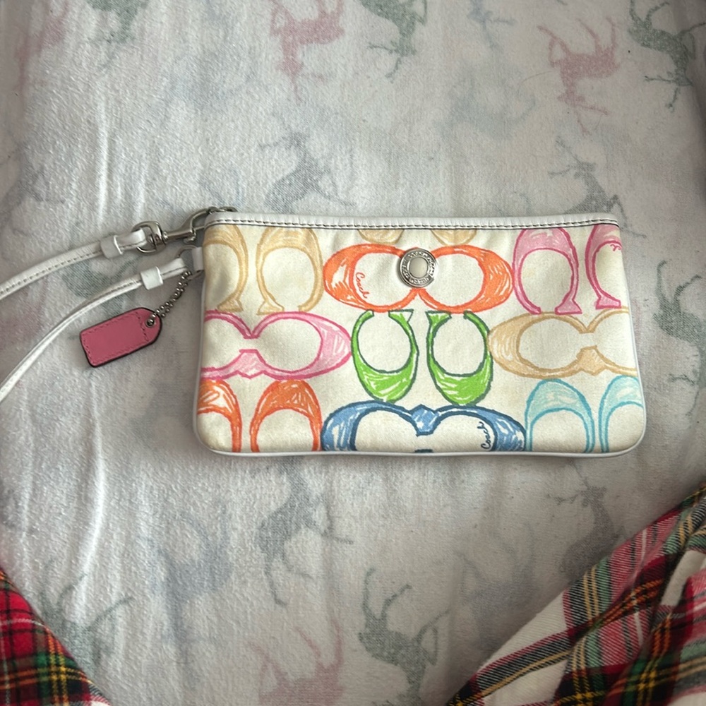 Coach white pastel multicolor wristlet wallet signature C